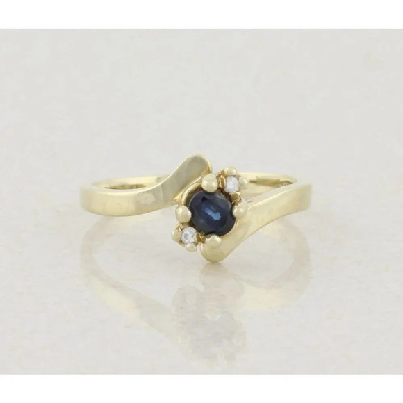 14k Yellow Gold Natural Blue Sapphire and Diamond Ring Size 5 3/4 - Picture 1 of 7